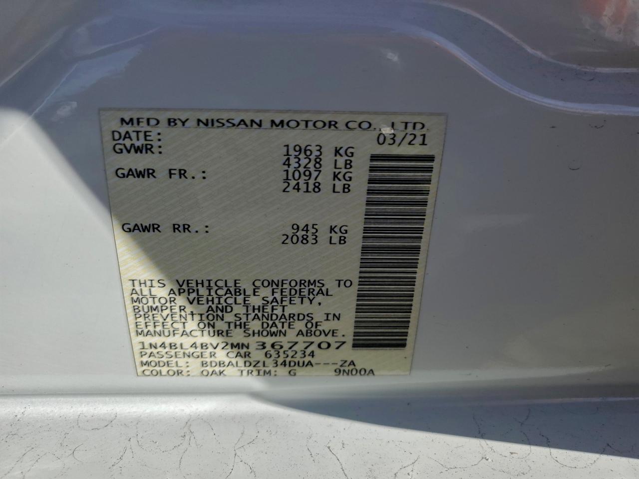 2021 Nissan Altima S VIN: 1N4BL4BV2MN367707 Lot: 94580795