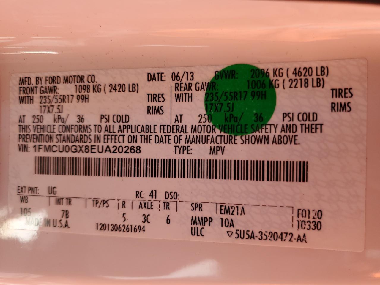 2014 Ford Escape Se VIN: 1FMCU0GX8EUA20268 Lot: 92178795