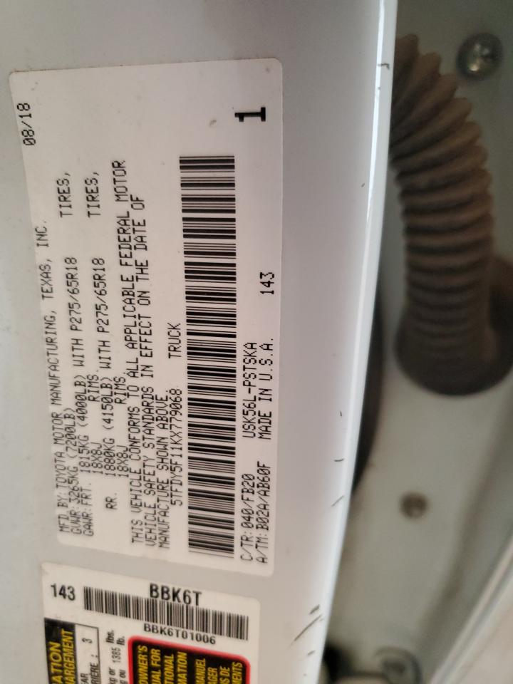 2019 Toyota Tundra Crewmax Sr5 VIN: 5TFDY5F11KX779068 Lot: 91925235