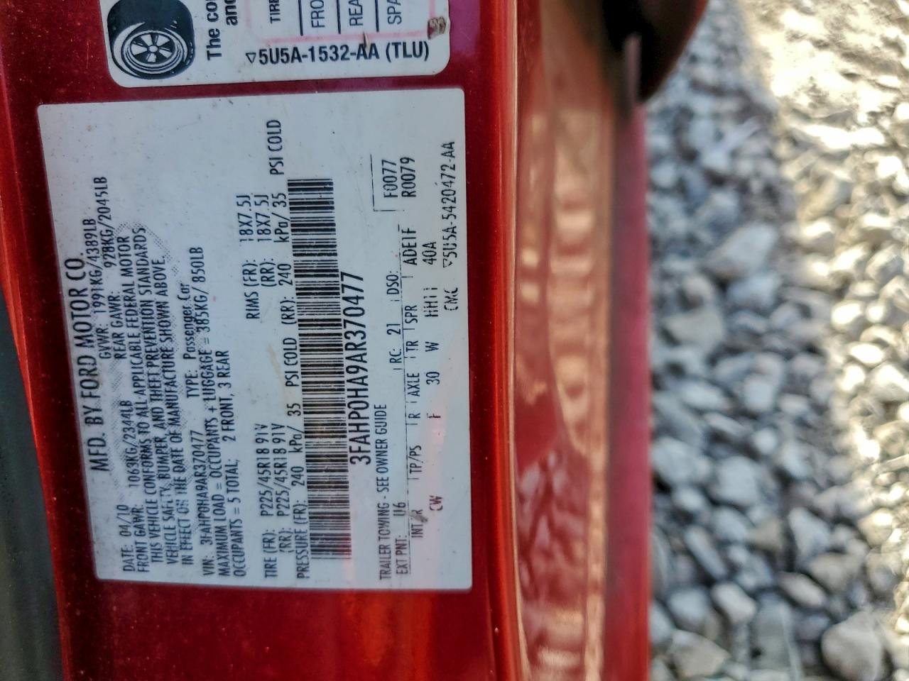 2010 Ford Fusion Se VIN: 3FAHP0HA9AR370477 Lot: 94587415