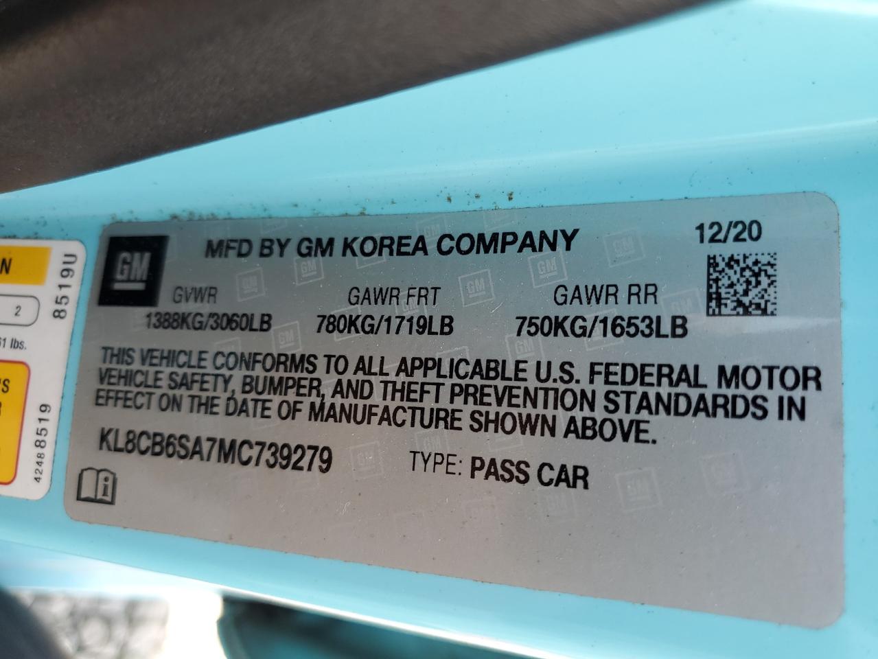 2021 Chevrolet Spark Ls VIN: KL8CB6SA7MC739279 Lot: 91256355