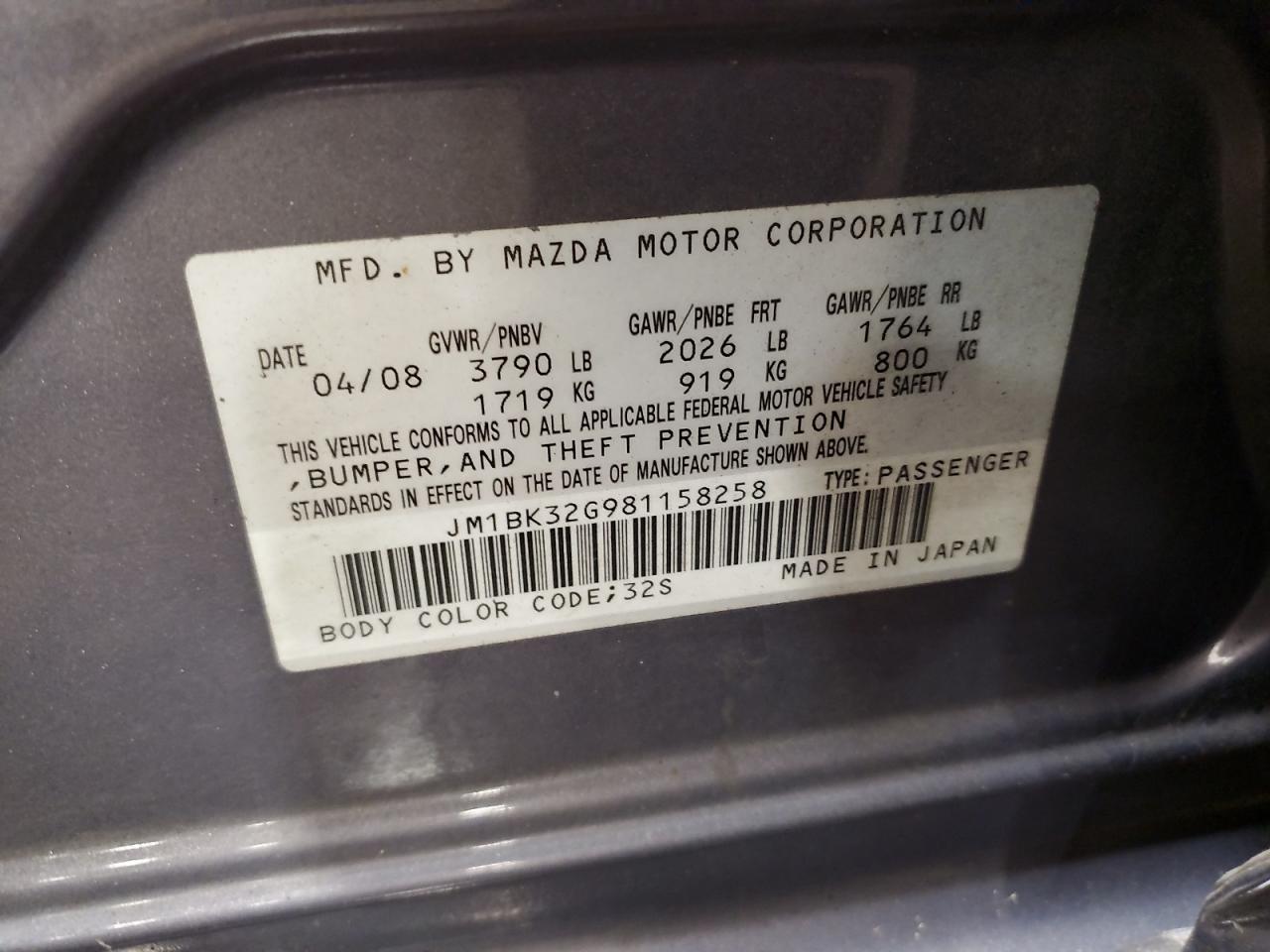 2008 Mazda 3 I VIN: JM1BK32G981158258 Lot: 93220885