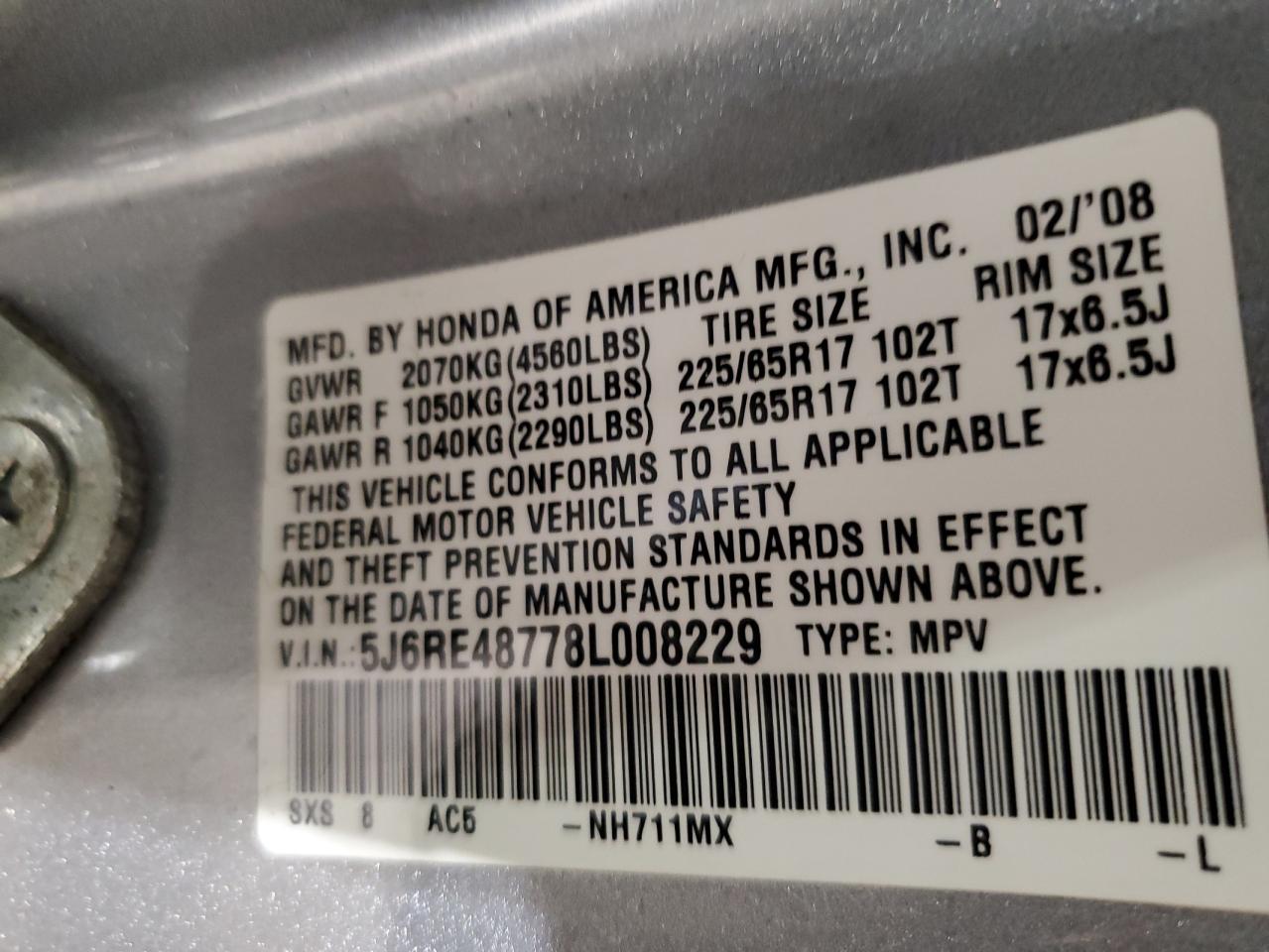 2008 Honda Cr-V Exl VIN: 5J6RE48778L008229 Lot: 91385985