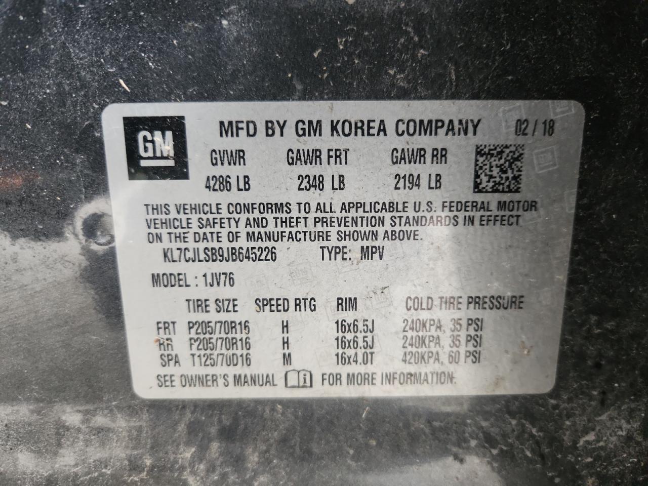 2018 Chevrolet Trax 1Lt VIN: KL7CJLSB9JB645226 Lot: 92901195