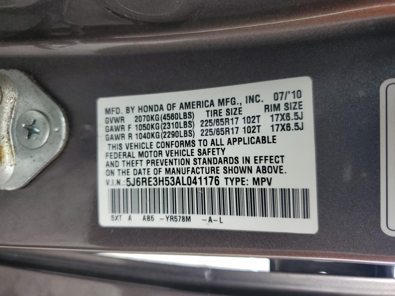 2010 Honda Cr-V Ex VIN: 5J6RE3H53AL041176 Lot: 93470705