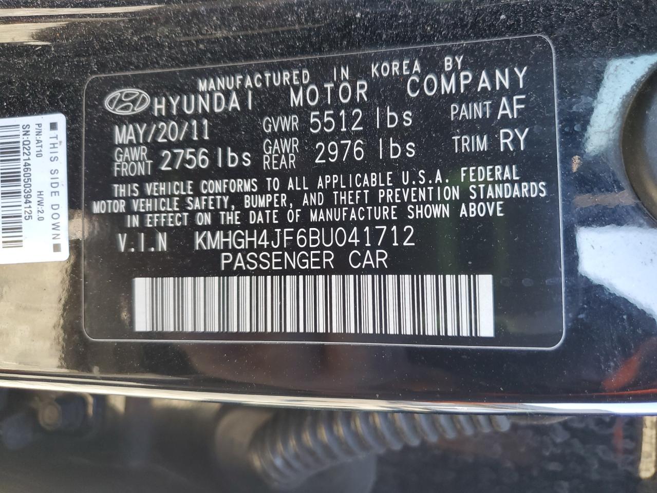 2011 Hyundai Equus Signature VIN: KMHGH4JF6BU041712 Lot: 93207485