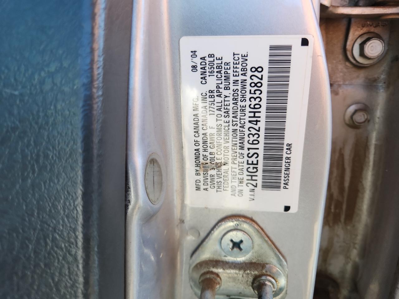 2004 Honda Civic Dx Vp VIN: 2HGES16324H635828 Lot: 90036905