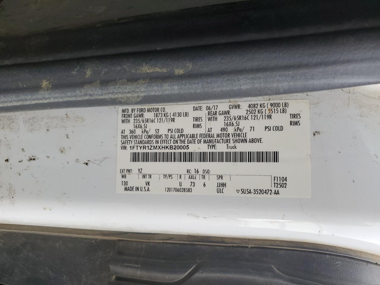 2017 Ford Transit T-250 VIN: 1FTYR1ZMXHKB20005 Lot: 93170825