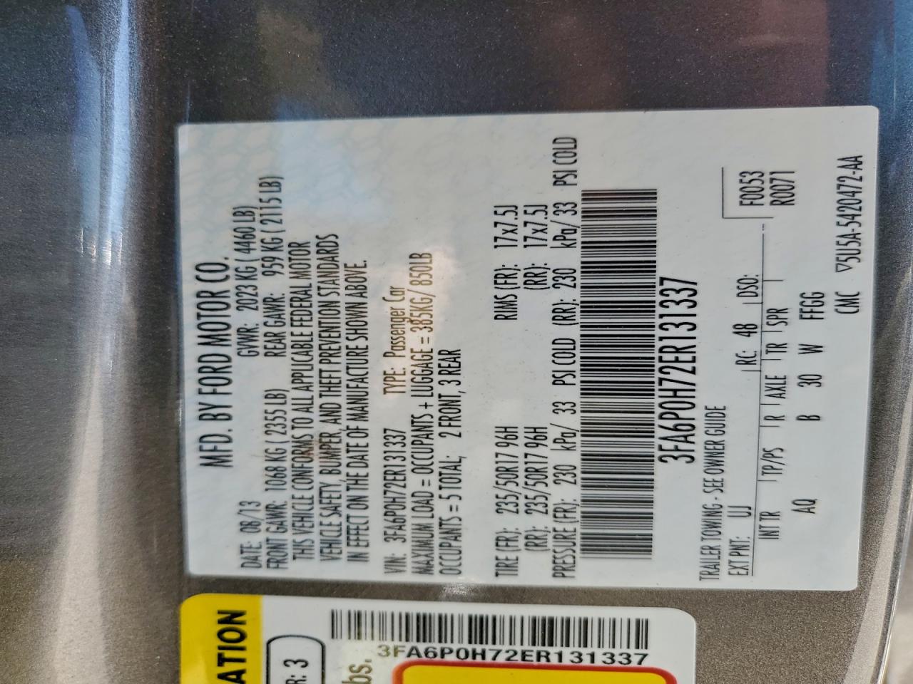 2014 Ford Fusion Se VIN: 3FA6P0H72ER131337 Lot: 91787515