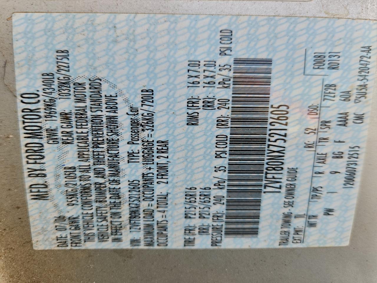 2007 Ford Mustang VIN: 1ZVFT80NX75212605 Lot: 93348635