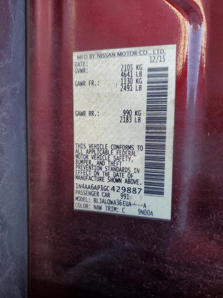 2016 Nissan Maxima 3.5S VIN: 1N4AA6AP1GC429887 Lot: 92055795