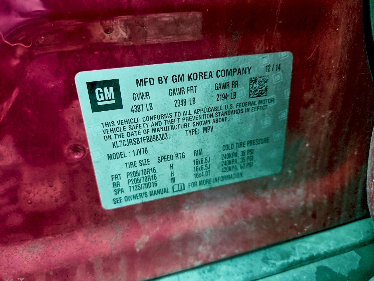 2015 Chevrolet Trax 1Lt VIN: KL7CJRSB1FB098303 Lot: 93512075