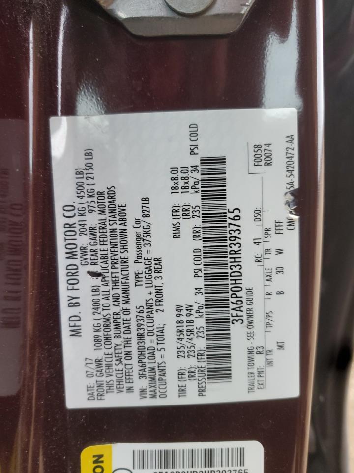 2017 Ford Fusion Se VIN: 3FA6P0HD3HR393765 Lot: 92640855