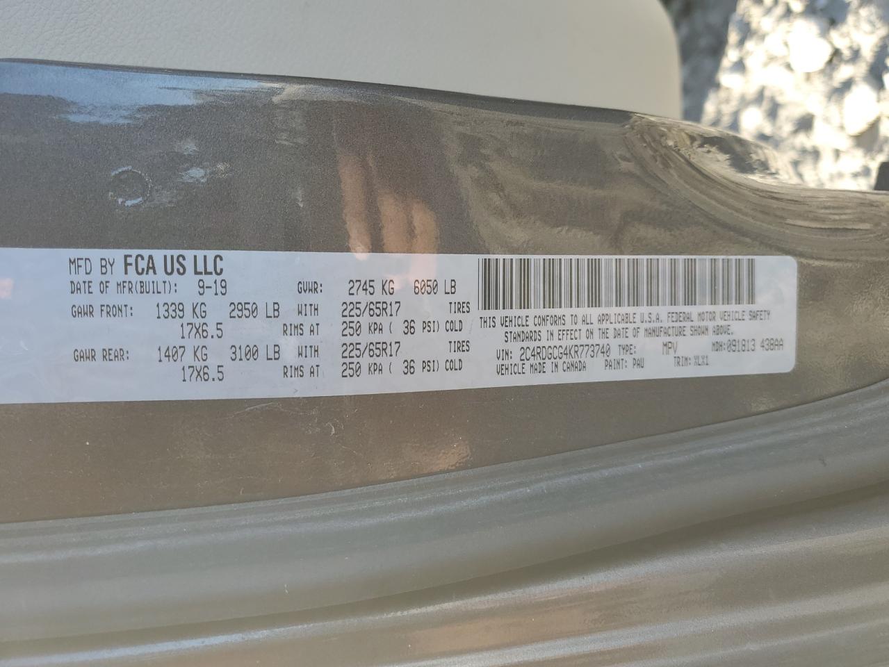 2019 Dodge Grand Caravan Sxt VIN: 2C4RDGCG4KR773740 Lot: 93240815