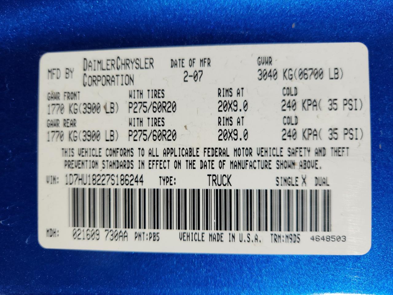 2007 Dodge Ram 1500 St VIN: 1D7HU18227S186244 Lot: 93525005
