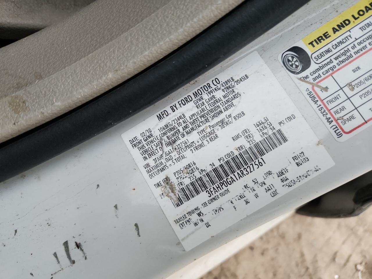 2010 Ford Fusion S VIN: 3FAHP0GA1AR327561 Lot: 92155425