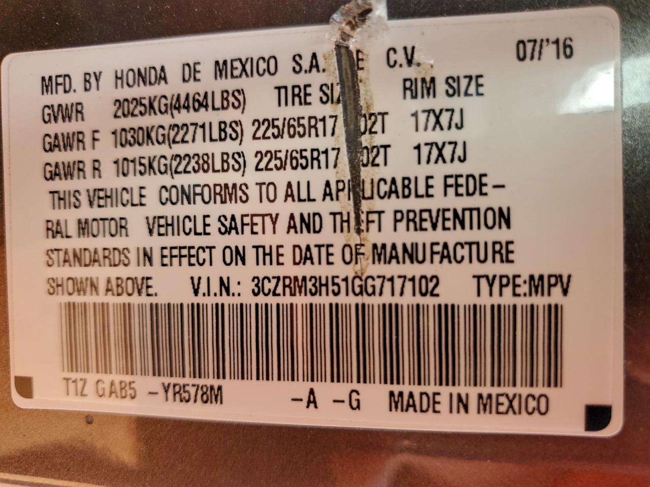 2016 Honda Cr-V Ex VIN: 3CZRM3H51GG717102 Lot: 94462195