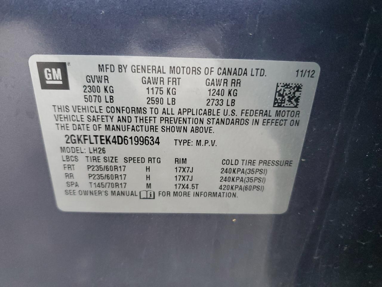 2013 GMC Terrain Sle VIN: 2GKFLTEK4D6199634 Lot: 92263915