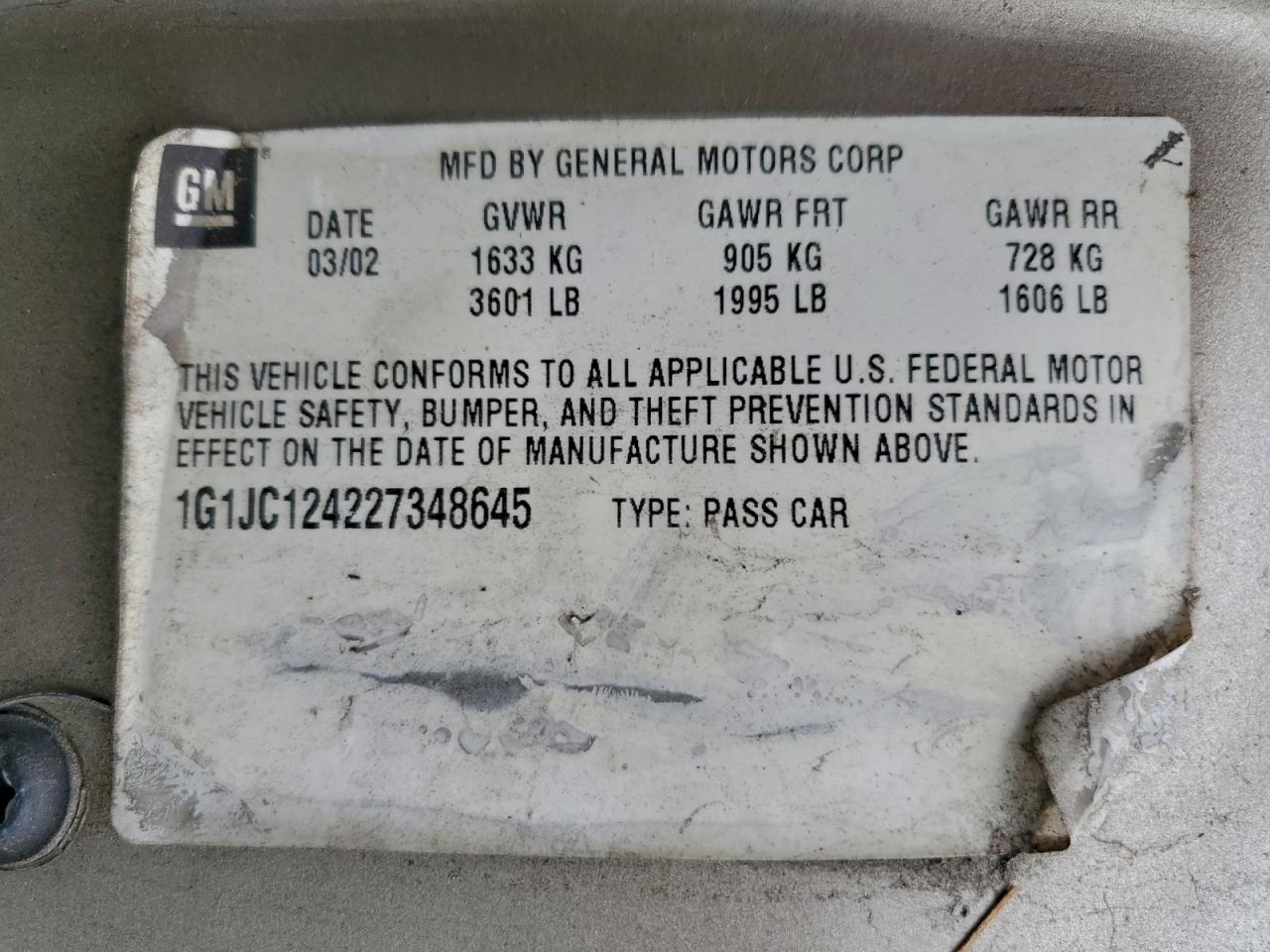 2002 Chevrolet Cavalier VIN: 1G1JC124227348645 Lot: 93523035