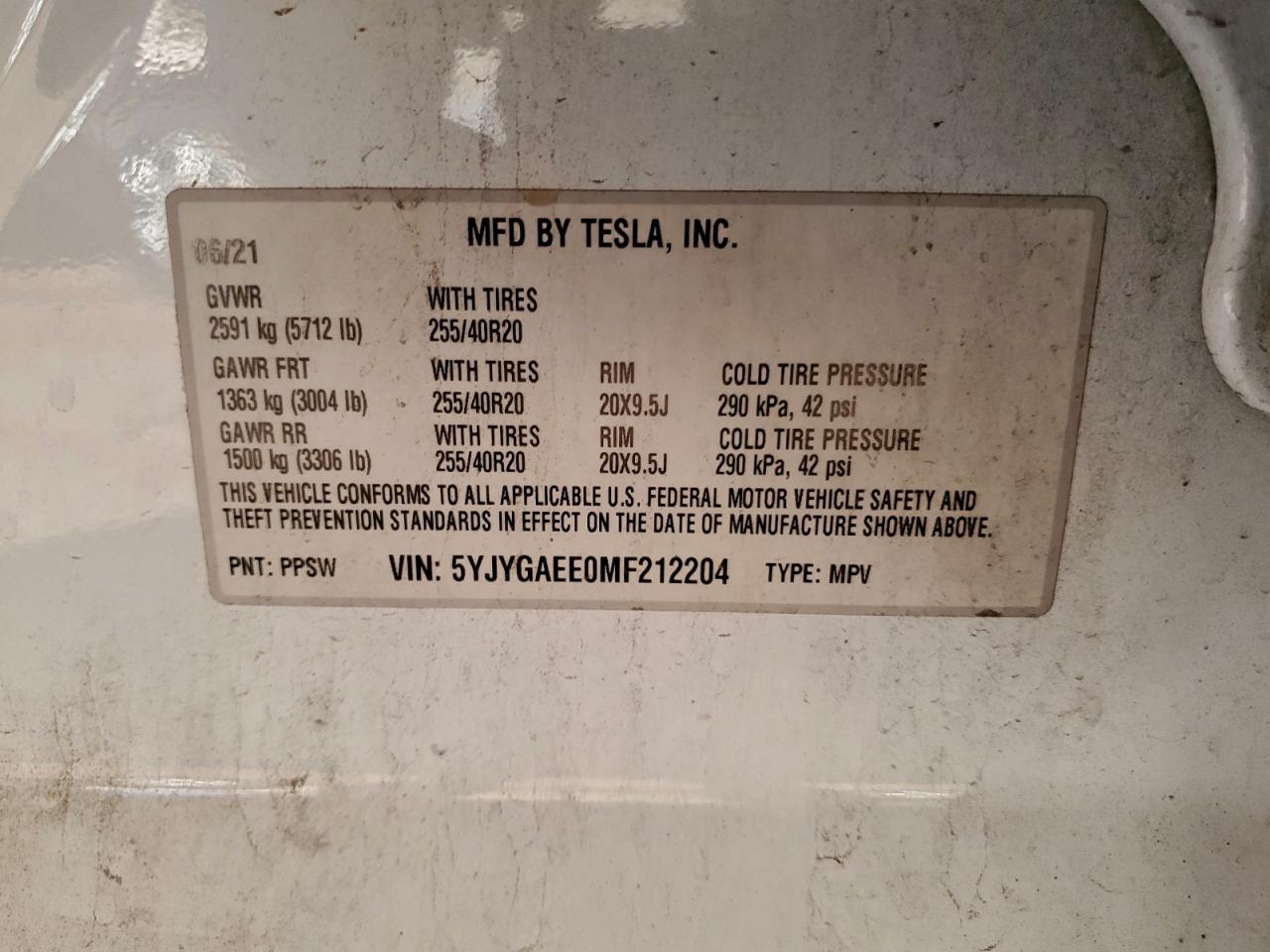 2021 Tesla Model Y VIN: 5YJYGAEE0MF212204 Lot: 93850295