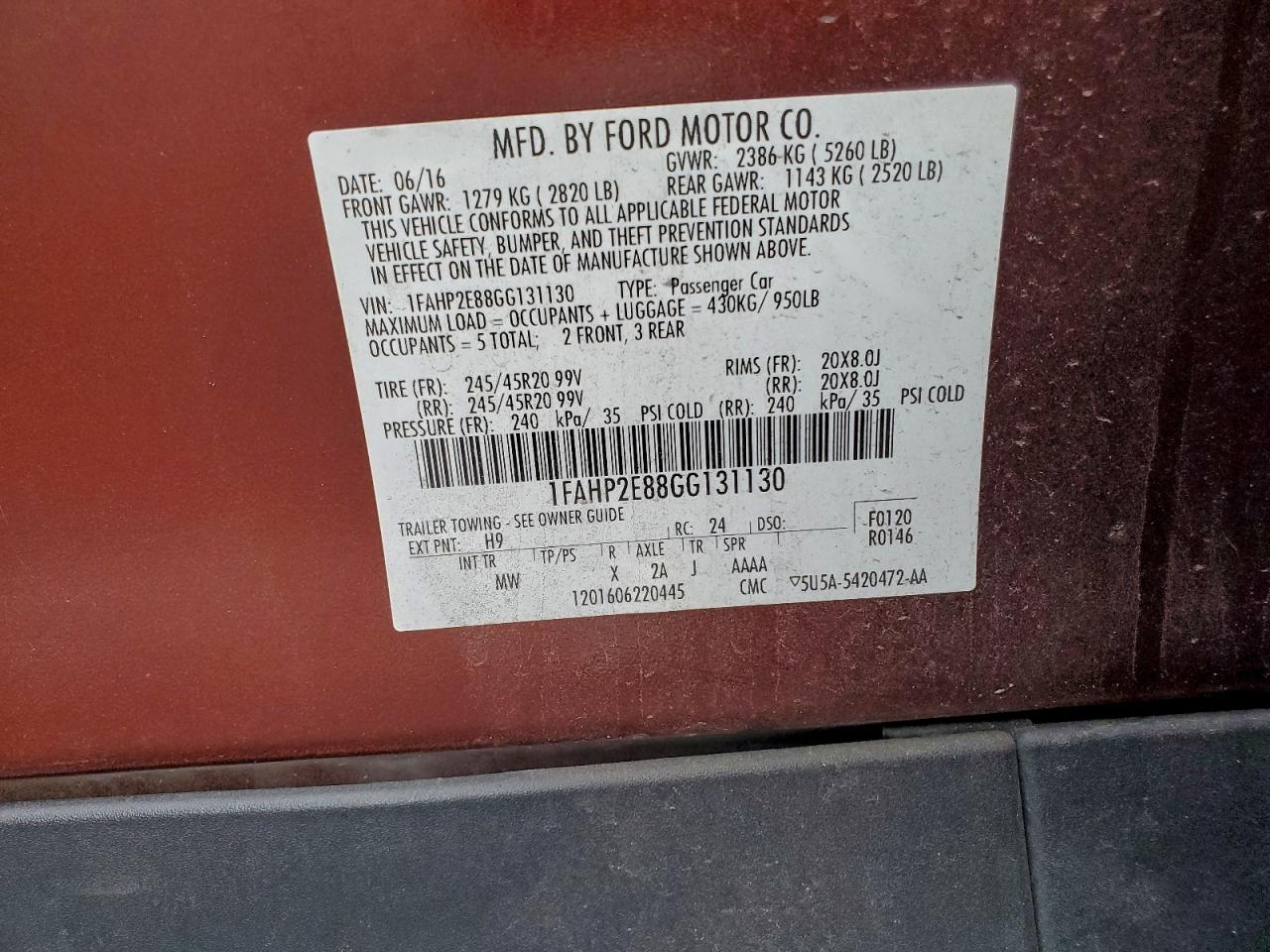 2016 Ford Taurus Sel VIN: 1FAHP2E88GG131130 Lot: 93706055