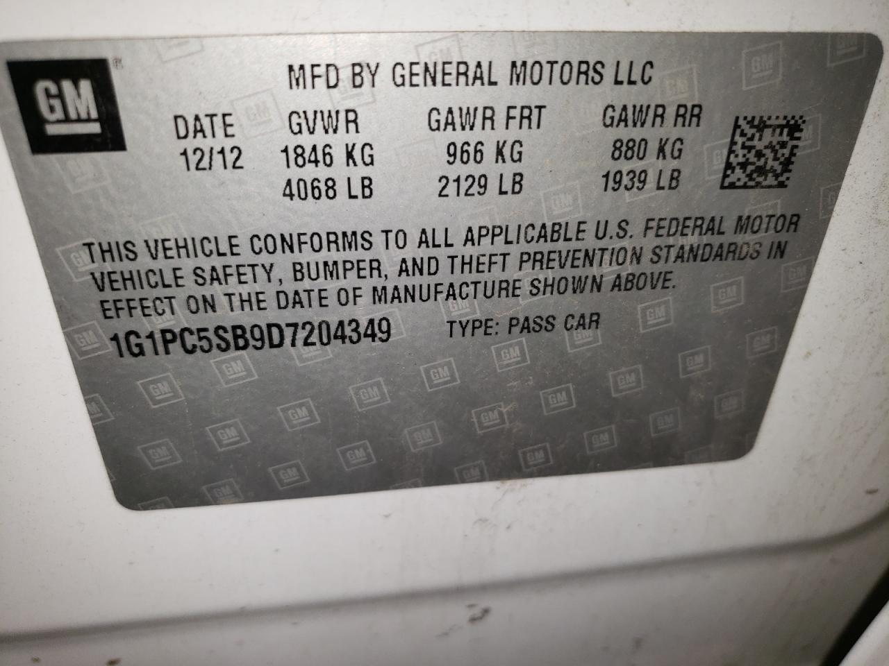 2013 Chevrolet Cruze Lt VIN: 1G1PC5SB9D7204349 Lot: 92649925