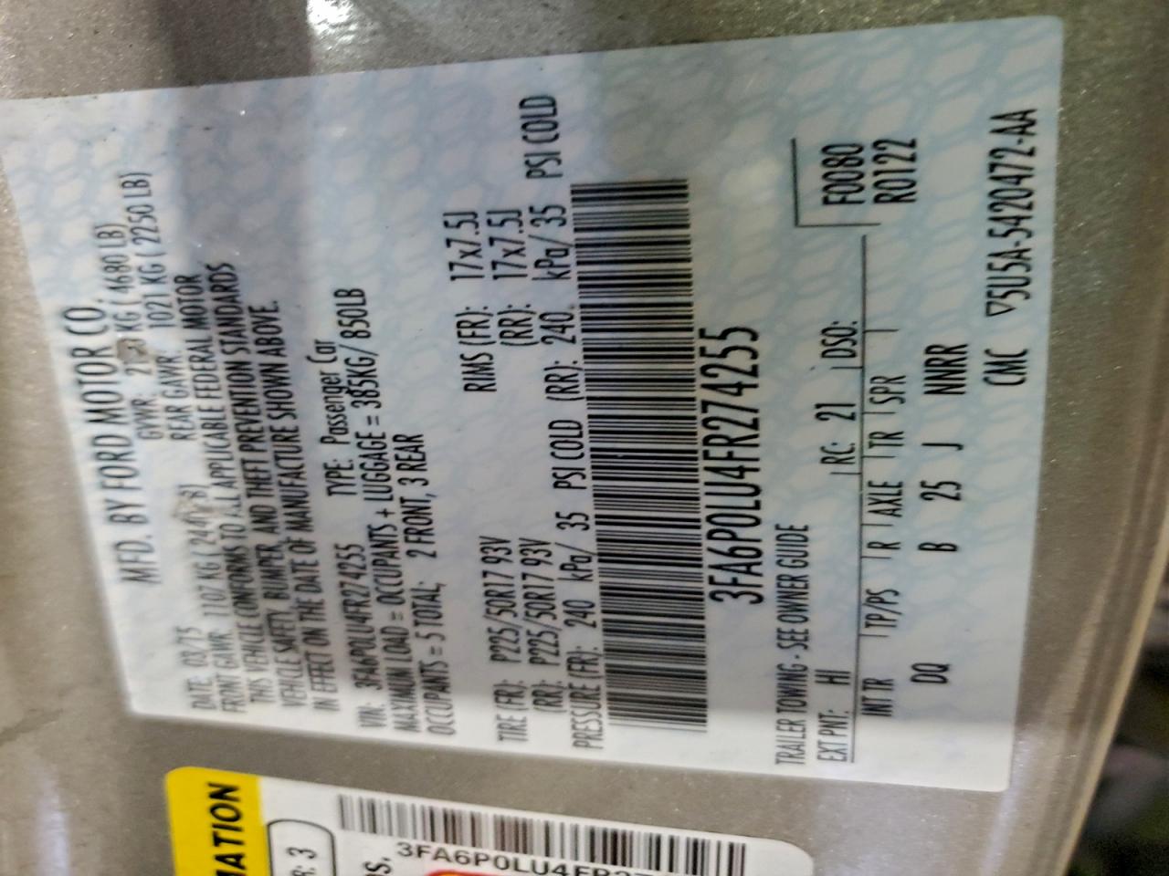 2015 Ford Fusion Se Hybrid VIN: 3FA6P0LU4FR274255 Lot: 94730355