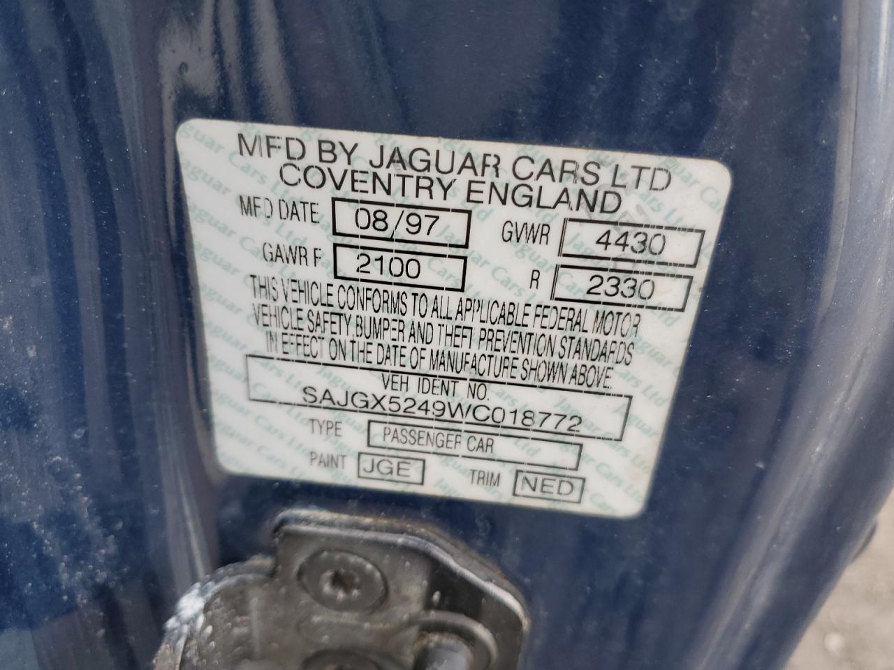 1998 Jaguar Xk8 VIN: SAJGX5249WC018772 Lot: 92347265