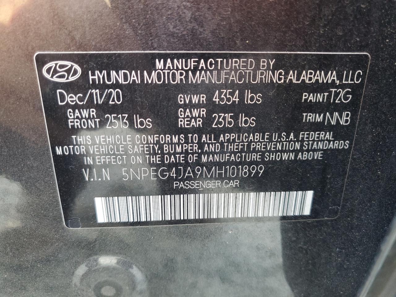 2021 Hyundai Sonata Se VIN: 5NPEG4JA9MH101899 Lot: 93751955