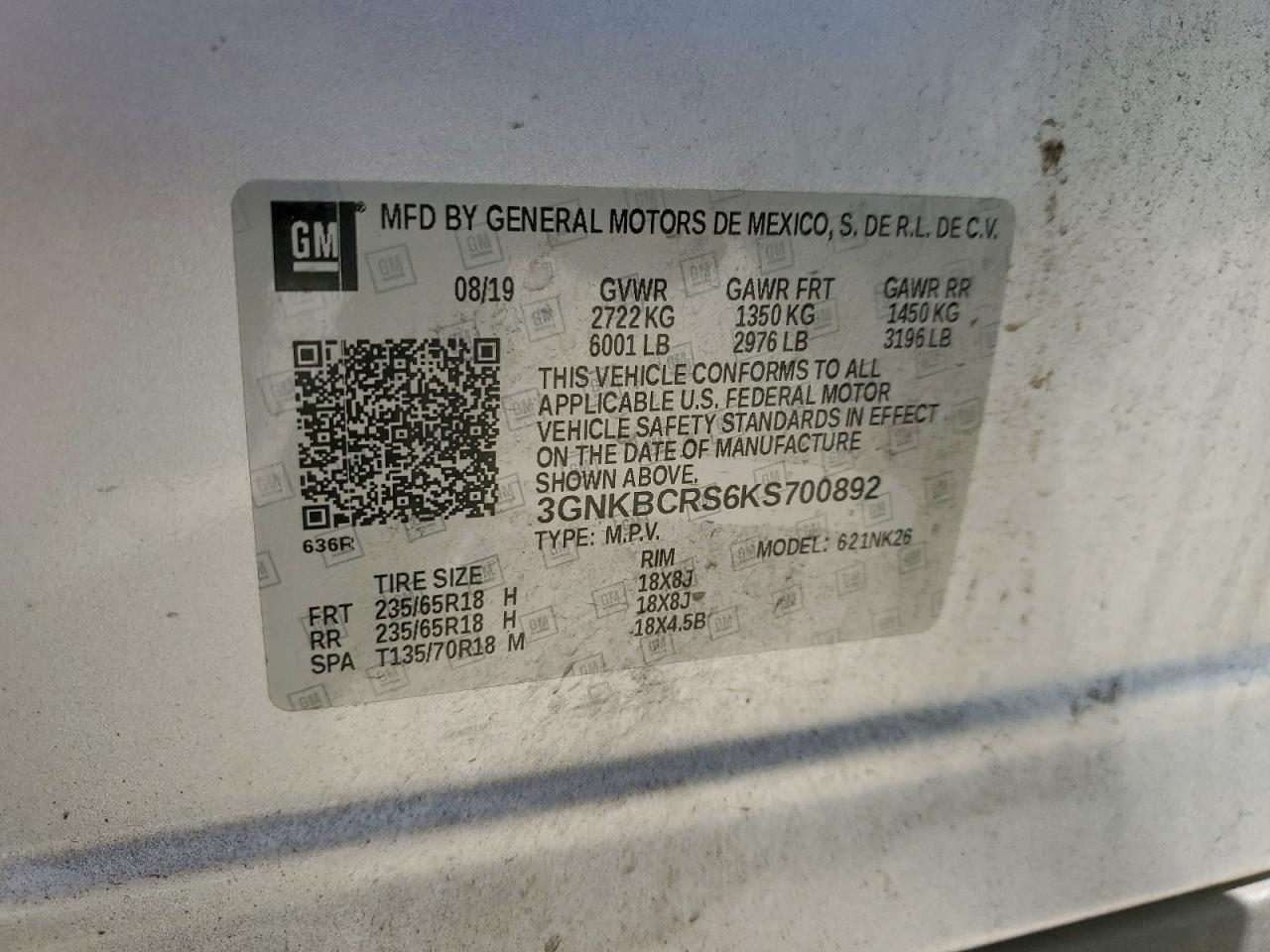 2019 Chevrolet Blazer 2Lt VIN: 3GNKBCRS6KS700892 Lot: 92289365