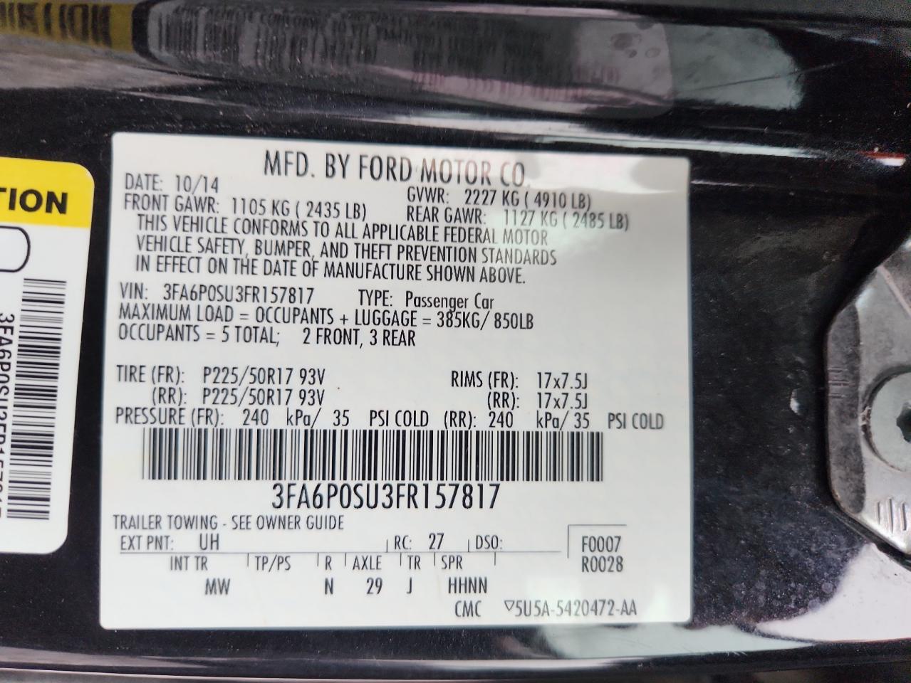 2015 Ford Fusion Titanium Phev VIN: 3FA6P0SU3FR157817 Lot: 93055085