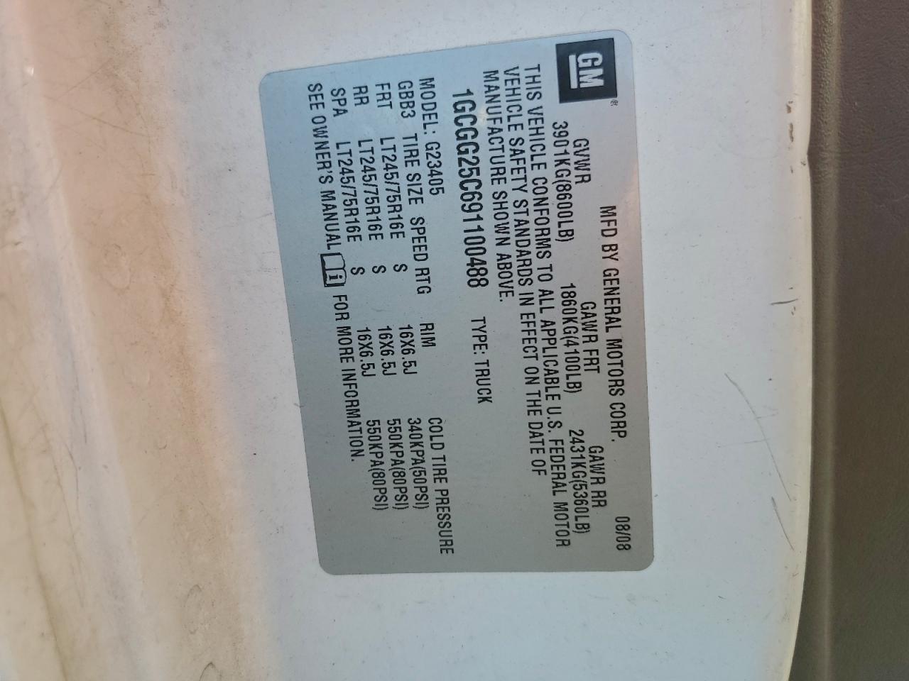 2009 Chevrolet Express G2500 VIN: 1GCGG25C691100488 Lot: 92998335