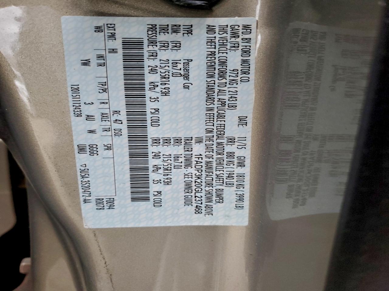 2016 Ford Focus Se VIN: 1FADP3K20GL237468 Lot: 94626415