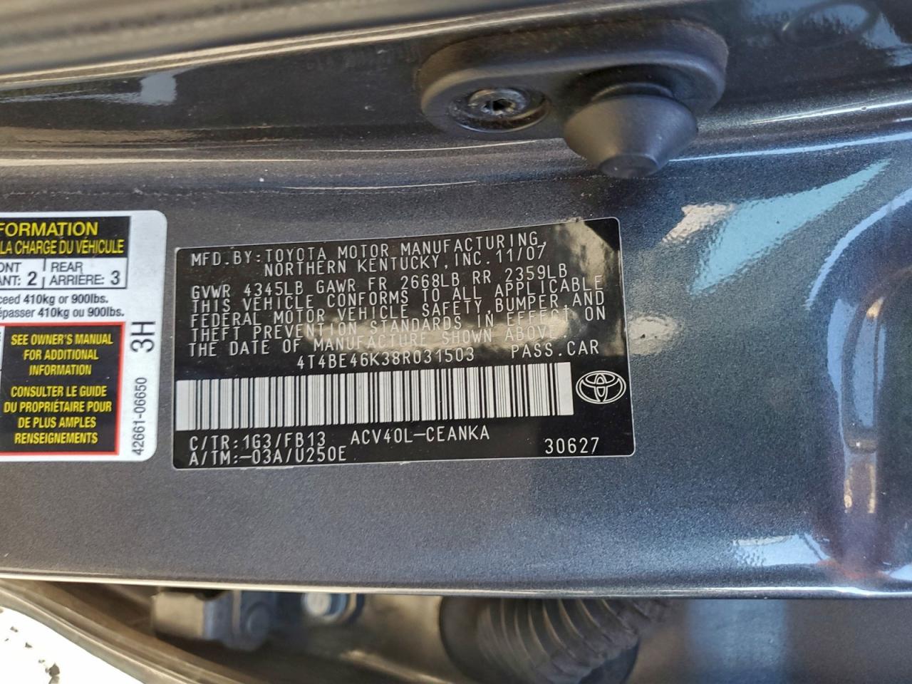 2008 Toyota Camry Ce VIN: 4T4BE46K38R031503 Lot: 94454985