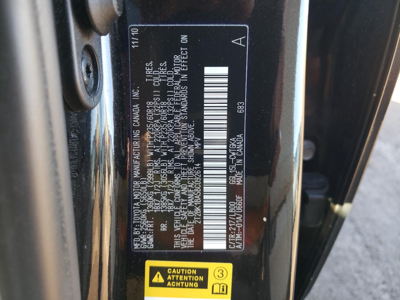 2011 Lexus Rx 350 VIN: 2T2BK1BA5BC092614 Lot: 92443765