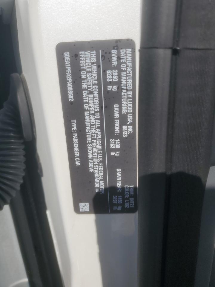 2023 Lucid Motors Air Pure VIN: 50EA1PFA2PA008692 Lot: 92695375