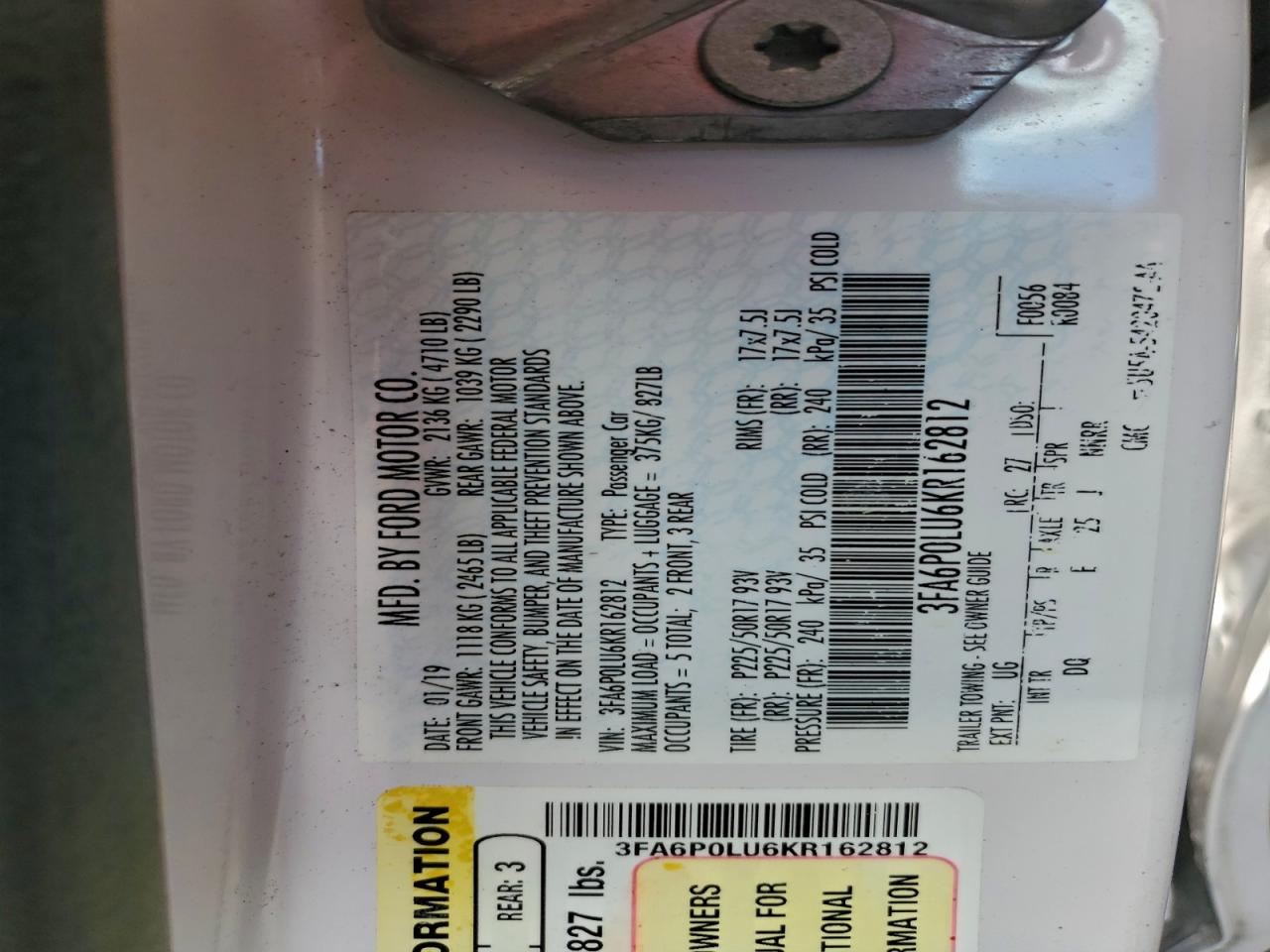 2019 Ford Fusion Se VIN: 3FA6P0LU6KR162812 Lot: 94360375