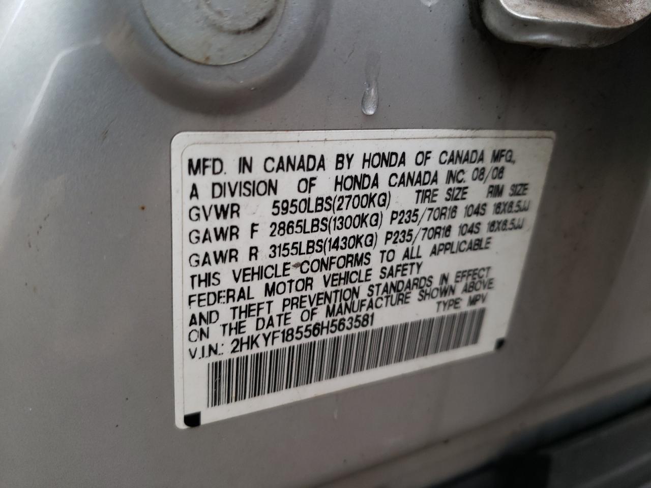 2006 Honda Pilot Ex VIN: 2HKYF18556H563581 Lot: 93515975