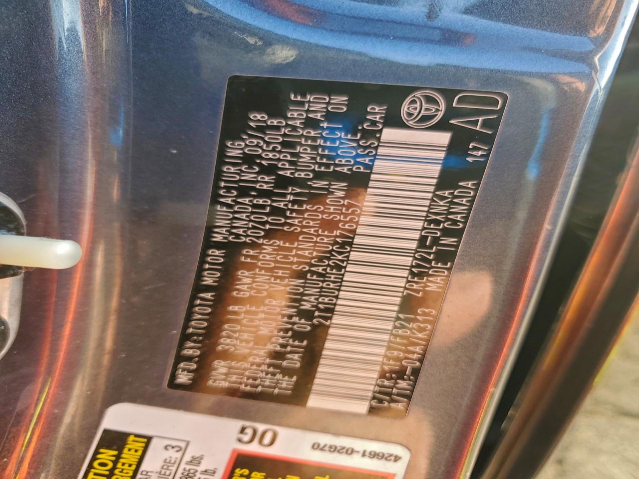 2019 Toyota Corolla L VIN: 2T1BURHE2KC176557 Lot: 94159845