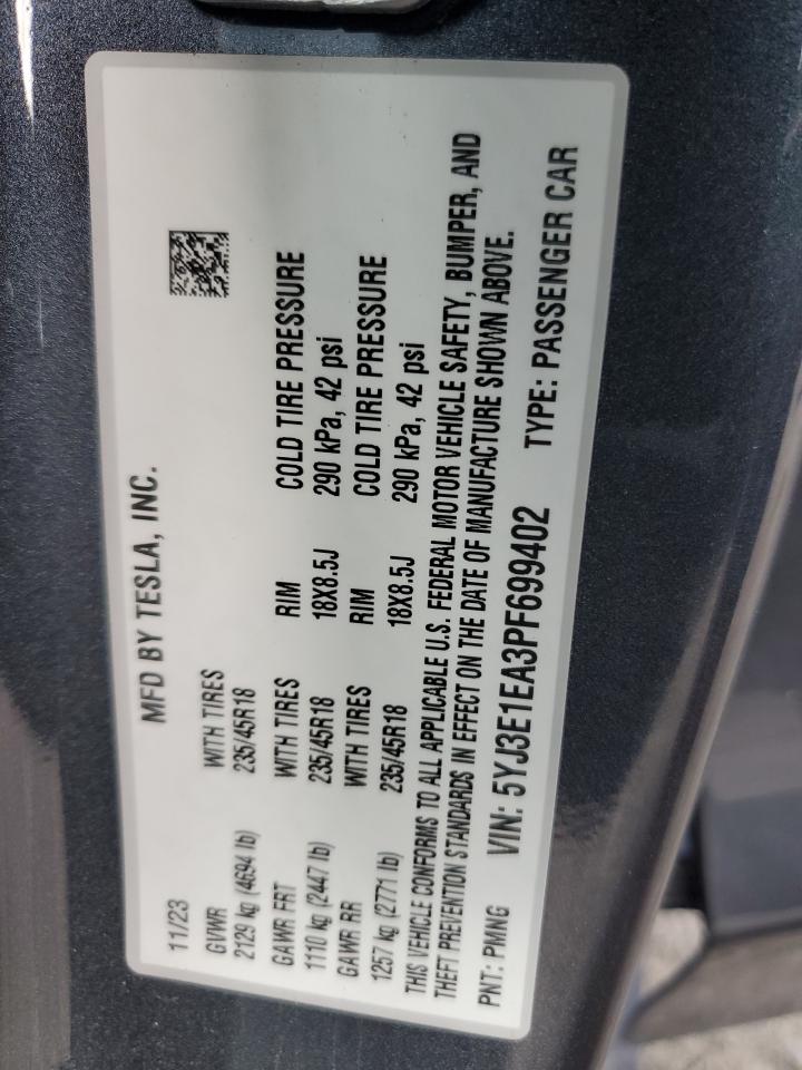 2023 Tesla Model 3 VIN: 5YJ3E1EA3PF699402 Lot: 91467625