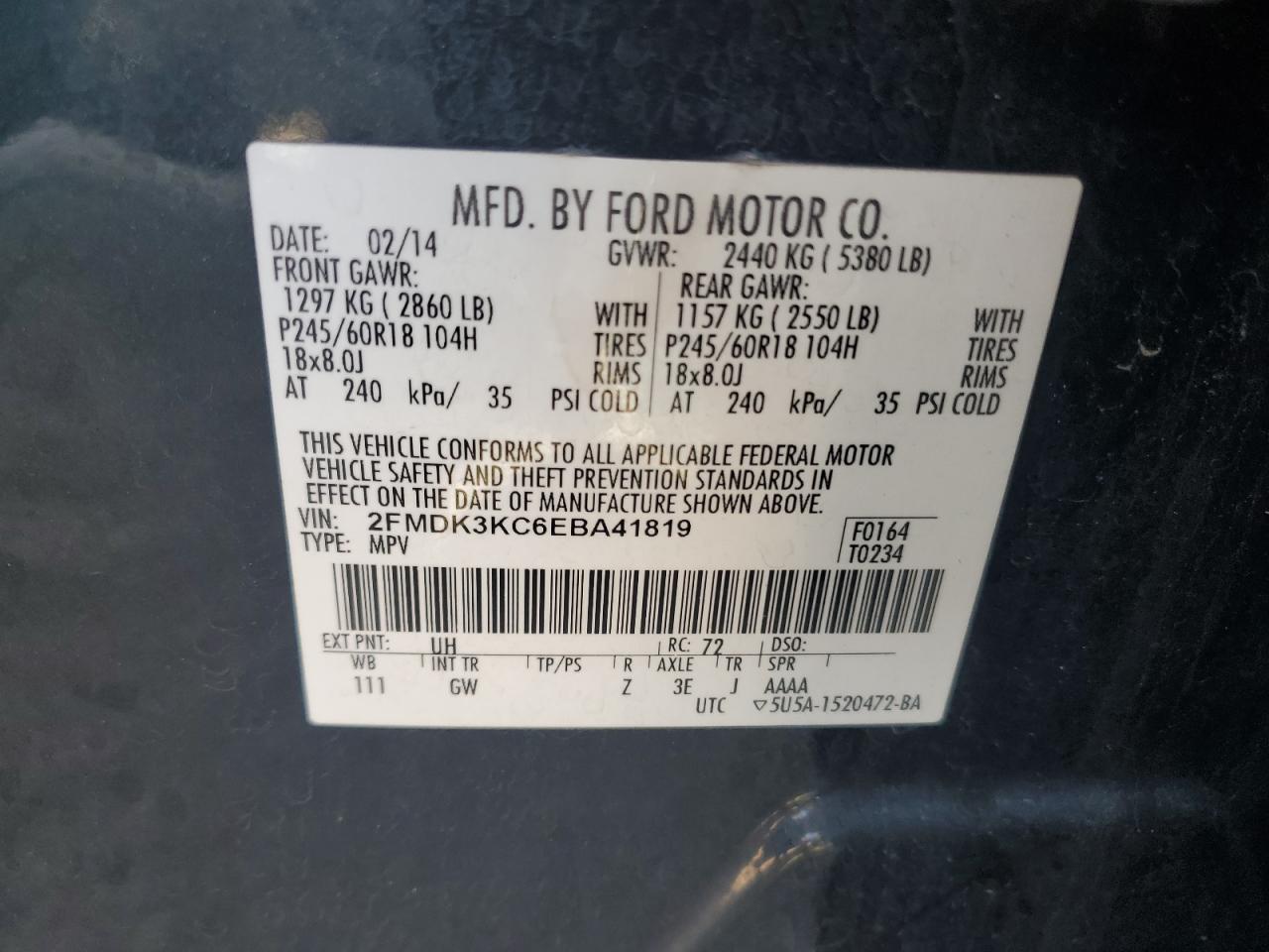 2014 Ford Edge Limited VIN: 2FMDK3KC6EBA41819 Lot: 93013095