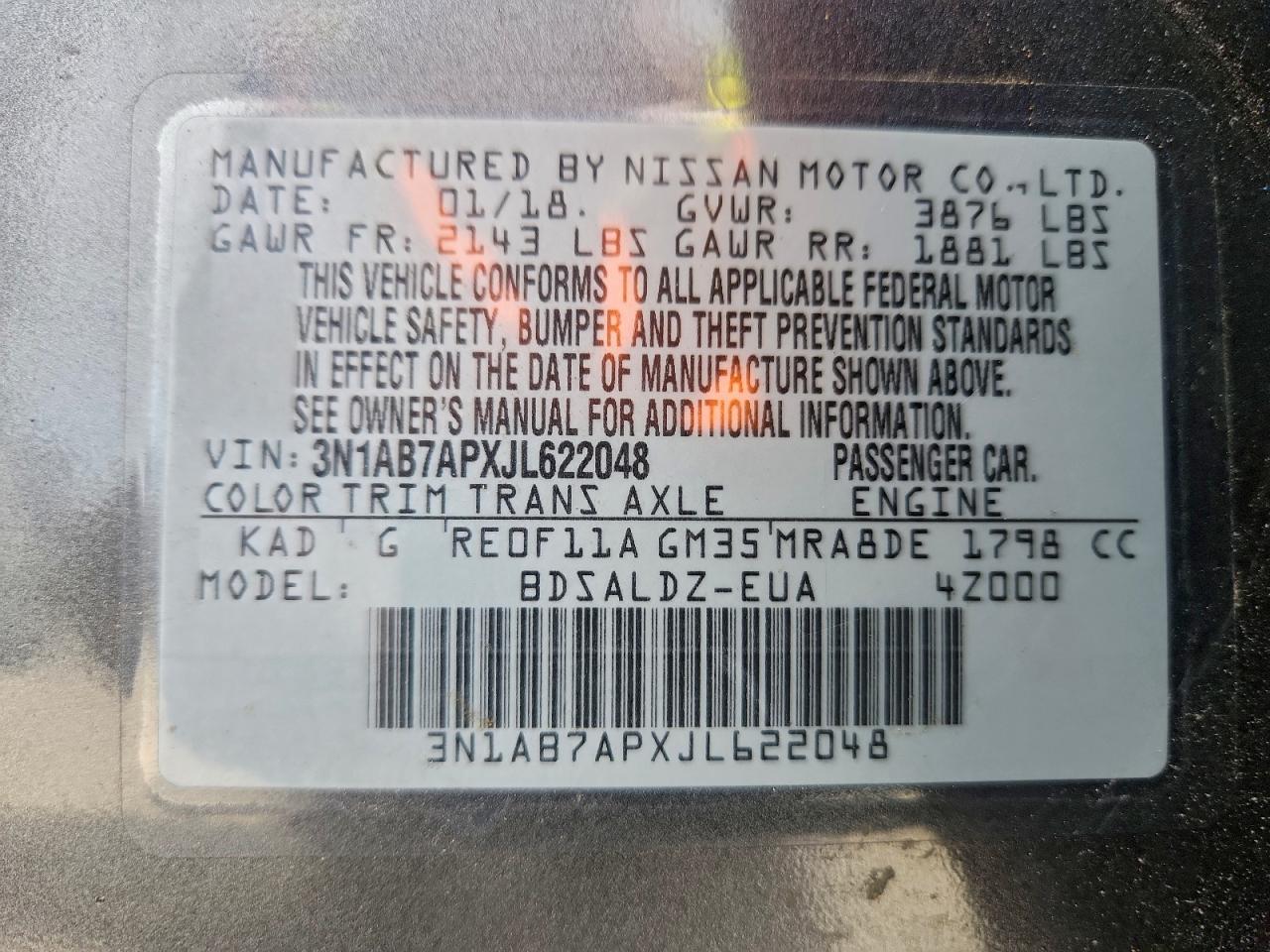 2018 Nissan Sentra S VIN: 3N1AB7APXJL622048 Lot: 94243115