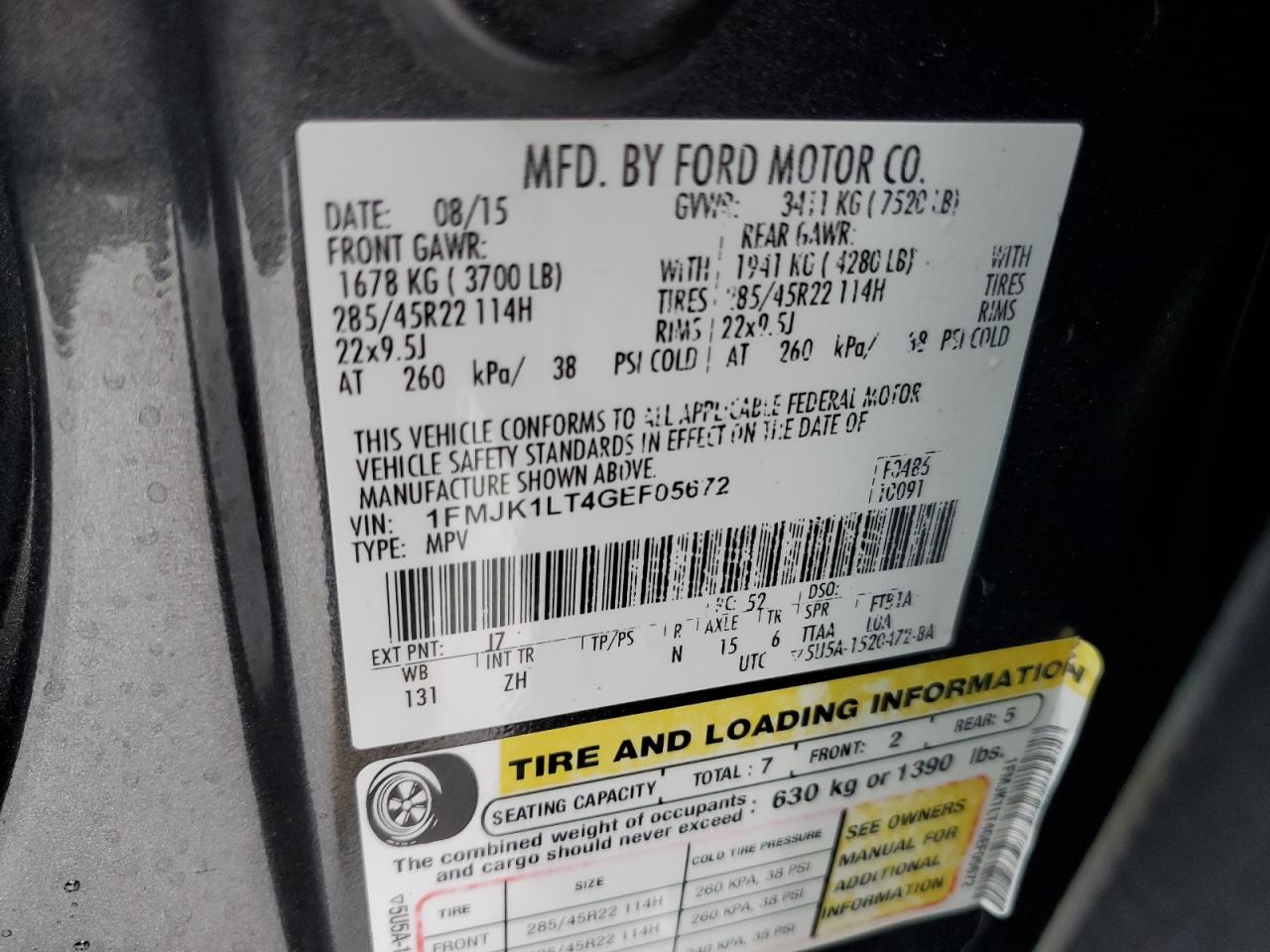 2016 Ford Expedition El Platinum VIN: 1FMJK1LT4GEF05672 Lot: 93747215