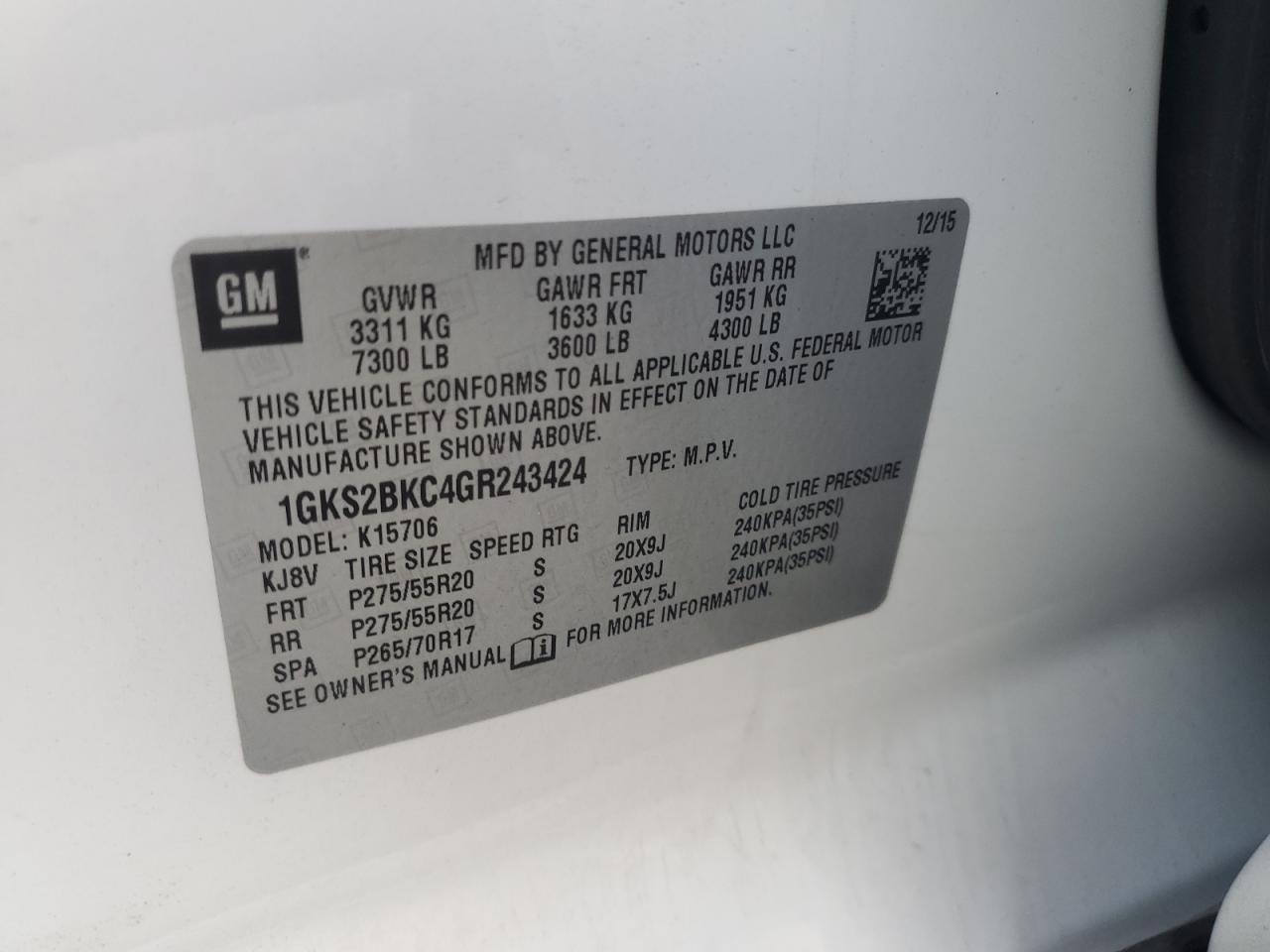 2016 GMC Yukon Slt VIN: 1GKS2BKC4GR243424 Lot: 93343335