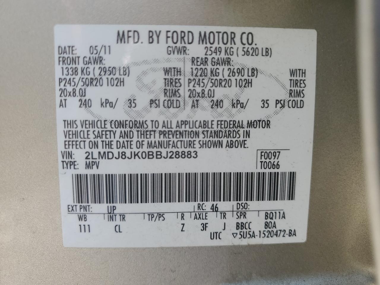 2011 Lincoln Mkx VIN: 2LMDJ8JK0BBJ28883 Lot: 91983365