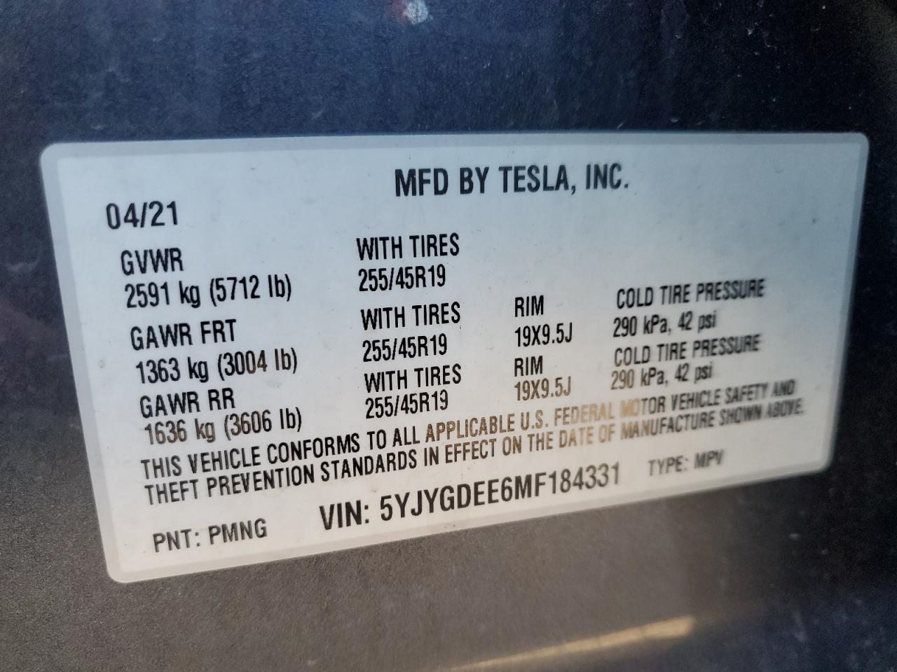 2021 Tesla Model Y VIN: 5YJYGDEE6MF184331 Lot: 93376165