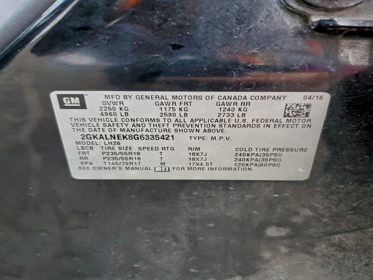 2016 GMC Terrain Sle VIN: 2GKALNEK8G6335421 Lot: 93765375