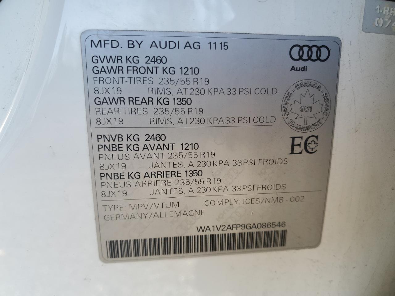 2016 Audi Q5 Technik VIN: WA1V2AFP9GA086546 Lot: 92793015
