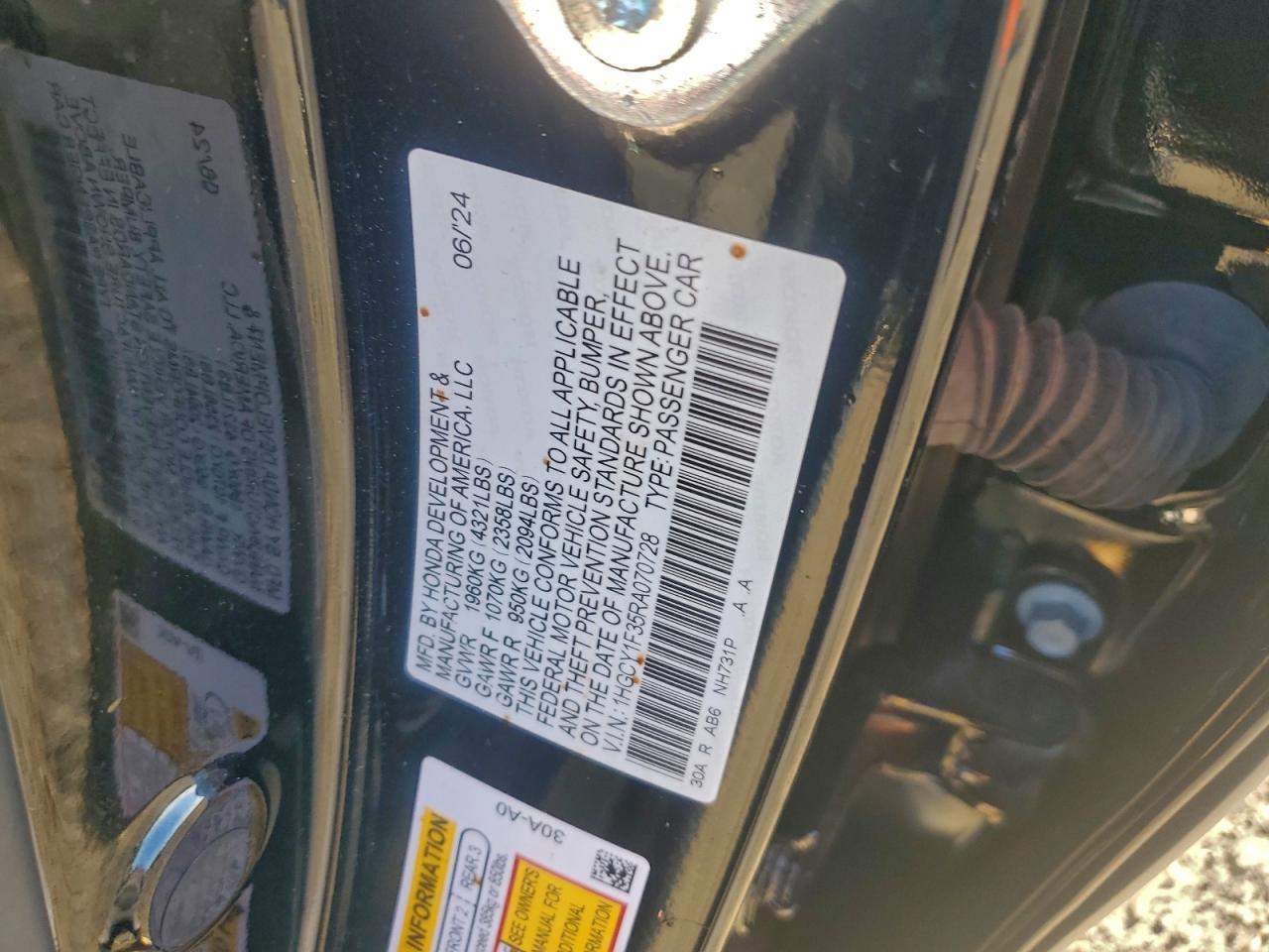 2024 Honda Accord Ex VIN: 1HGCY1F35RA070728 Lot: 94288885