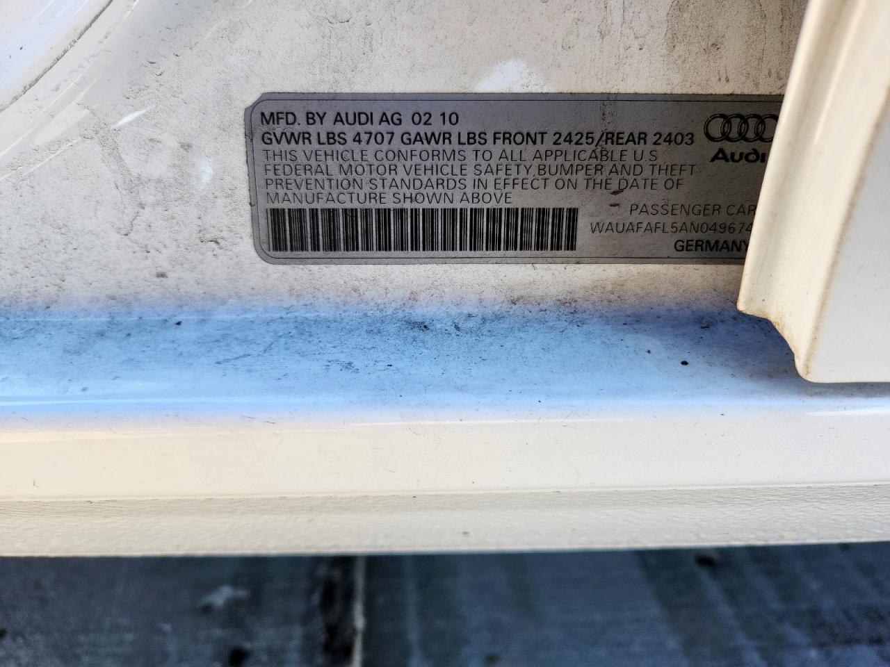 2010 Audi A4 Premium VIN: WAUAFAFL5AN049674 Lot: 92611035
